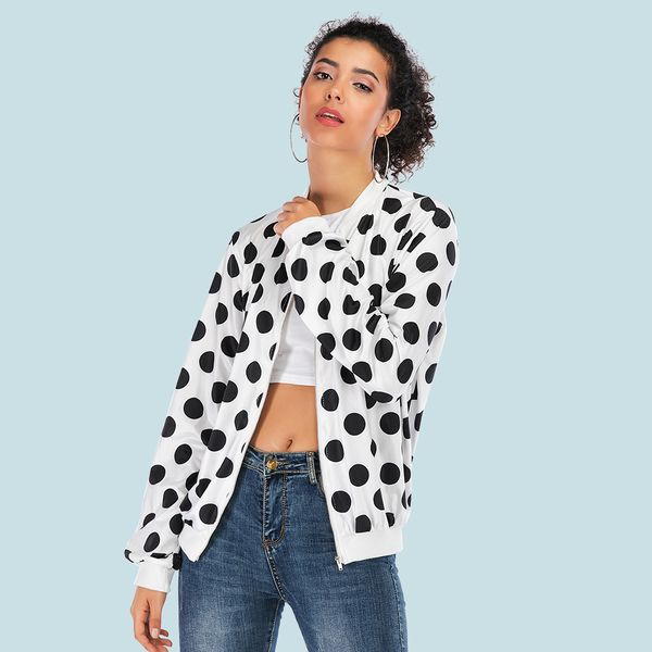 

bomber plus size women's jackets dot print female slim coat o neck long sleeve short women outwear spring zipper clothes, Black;brown