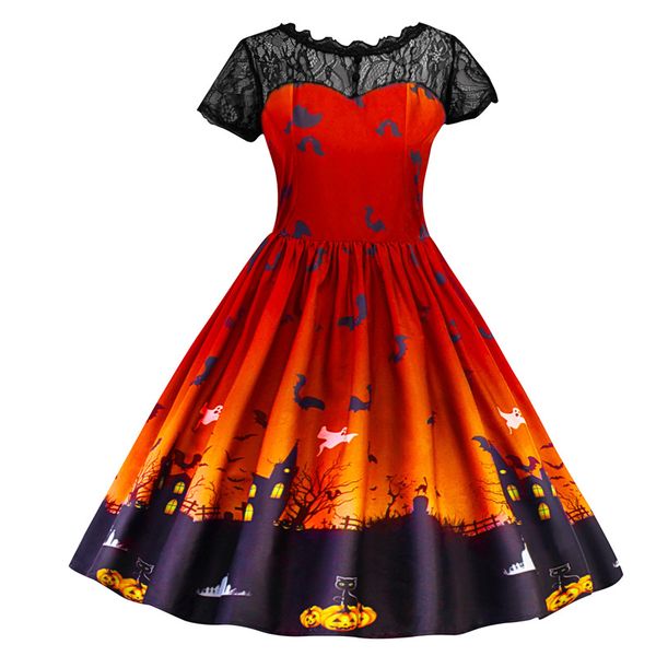 

kids halloween pumpkin print mesh girls dress 2019 autumn explosion children's wear european and american ing, Red;yellow