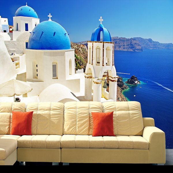 

3d sea view large mural living room tv restaurant background wall blue sky white clouds wallpaper mediterranean 5d wallpaper