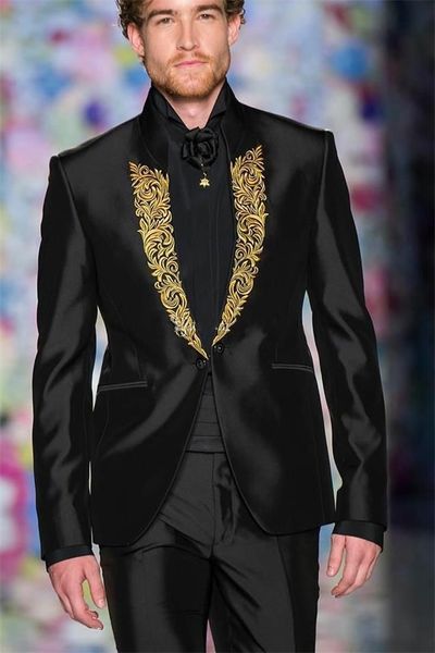 Marca New One Button Preto Homens Wedding Suits gola Two Pieces Negócios Noivo Smoking (Jacket + Calças + Tie) W1185