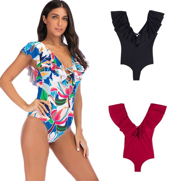 

2019 summer bikini one piece women sleeveless bikini swimming costume ruffles collar backless swimsuit swimwear beachwear