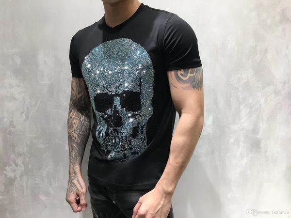 

2019ss mens designer t shirts short sleeve men brand clothing fashion rhinestone skull man t-shirt male cotton tees fzw246, White;black