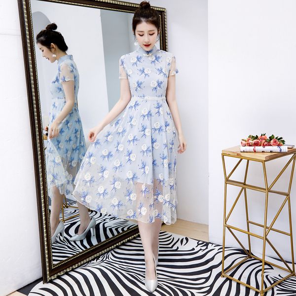

new style chinese traditional women chiffon dress vintage button qipao novelty print flower short cheongsam size -3xl, Red