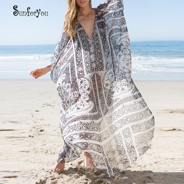 

new chiffon beach cover up plus size pareo beach 2019 print long dresses pareos de playa mujer bathing suit cover ups, Blue;gray