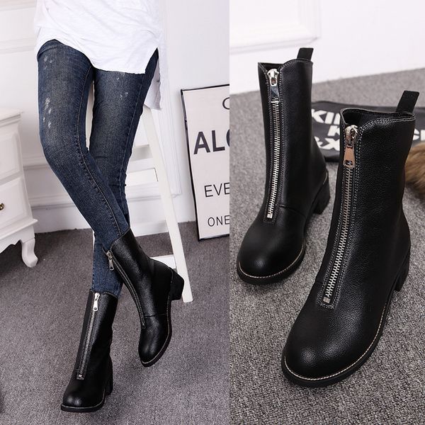 

with head locomotive boots flat bottom soft leather zipper single boots, Black