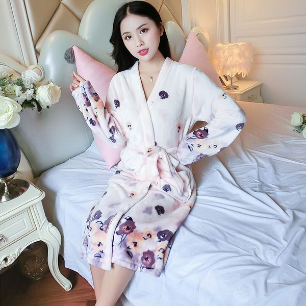 

thick warm flannel print kimono robes for women 2019 winter long sleeve coral velvet sleepwear bathrobe femme homewear bath robe, Black;red