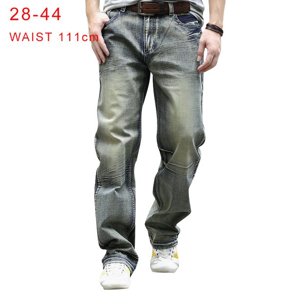 

plus size 44 retro mens jeans hip hop streetwear skateboard baggy jeans retro loose cotton straight denim pants wide leg, Blue