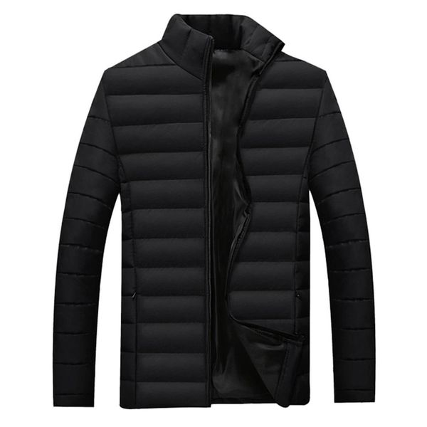 

men warm thicken padded jacket winter casual zipper slim short outwear coat male solid color stand collar windbreak parka, Black