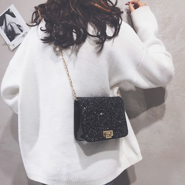 

patent leather small bag women's bag new 2019 korean small square casual sequin chain shoulder messenger tide
