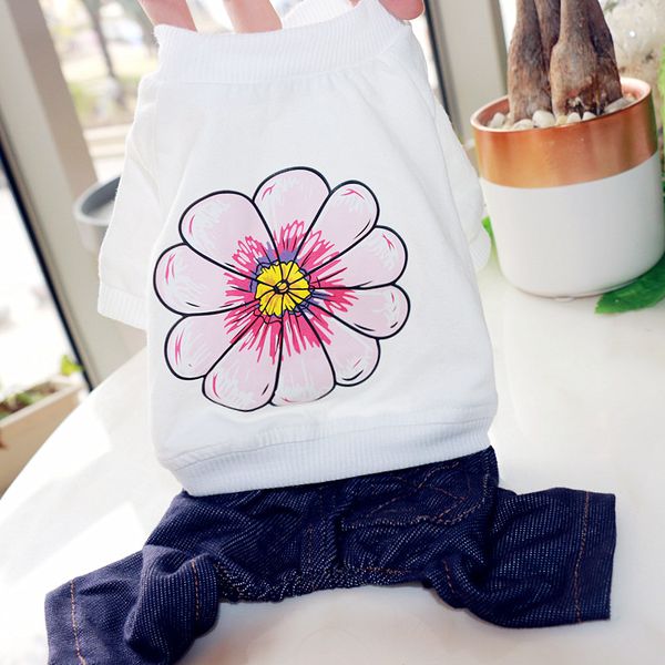 

spring summer dog clothes flower jumpsuit denim jeans pet clothing puppy apparel outfit garment small dog costume overalls