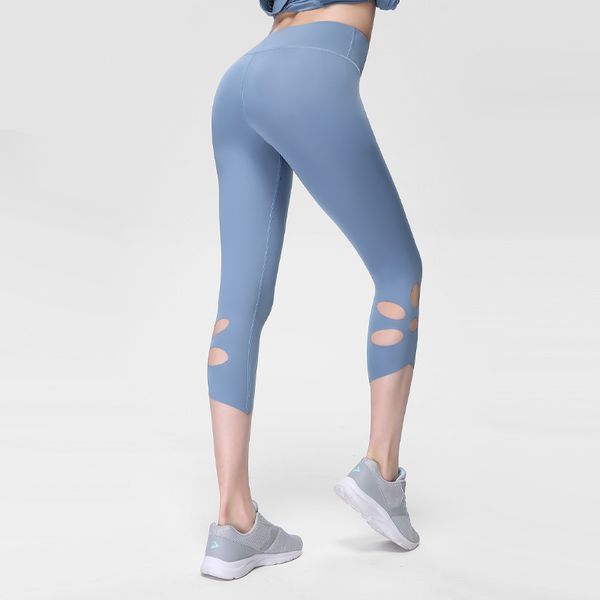 

yoga clothes europe and america summer new style bare sense yoga pants high-waisted 7 points with holes sports fitness capri pan, White;red