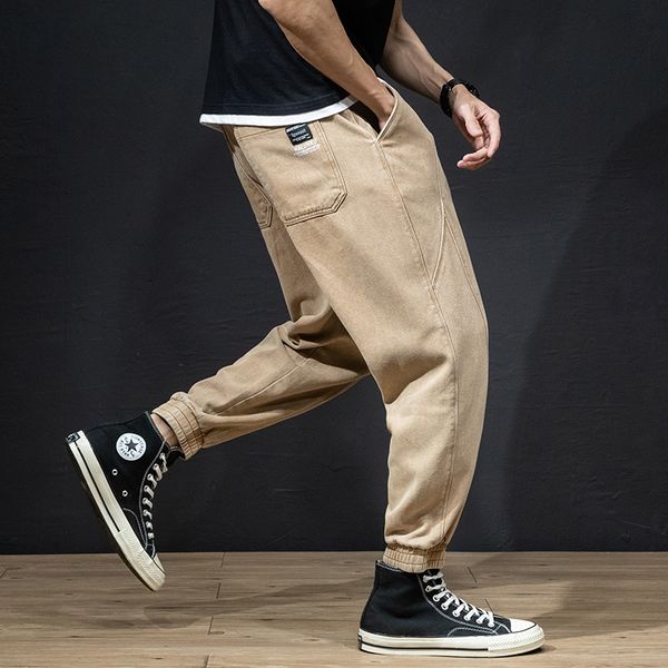 

fashion streetwear men jeans loose fit khaki color spliced designer harem jeans denim cargo pants hip hop men joggers, Blue