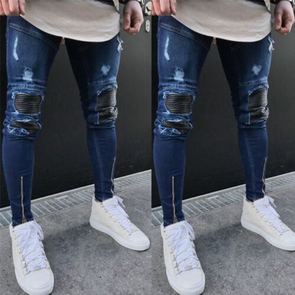 

arrivals fashion men's washed ripped destroyed jeans straight vintage frayed denim zipper street biker pants, Blue