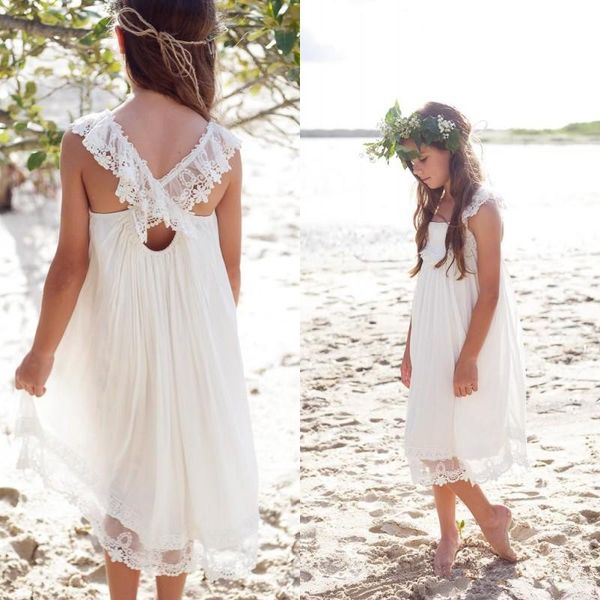 

Ivory Chiffon Tea Length Boho Beach Country Flower Girl Dresses For Weddings Cheap Square Lace Girls Casual Prom Gown Dress Custom B194