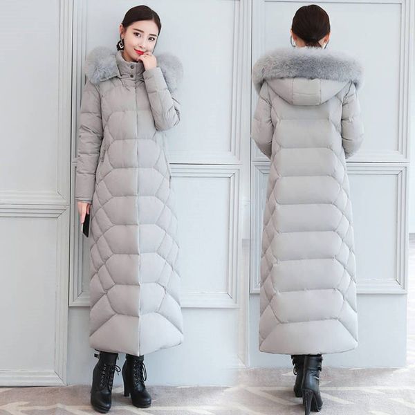 

2019 new winter women real fur collar hooded white duck down jackets ladies loose warm thicken long coats casual parkas c159, Black