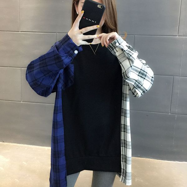 

women hoodies 2019 autumn long sleeve korean fashion creative plaid patchwork pollovers ladies loose causal streetwear, Black