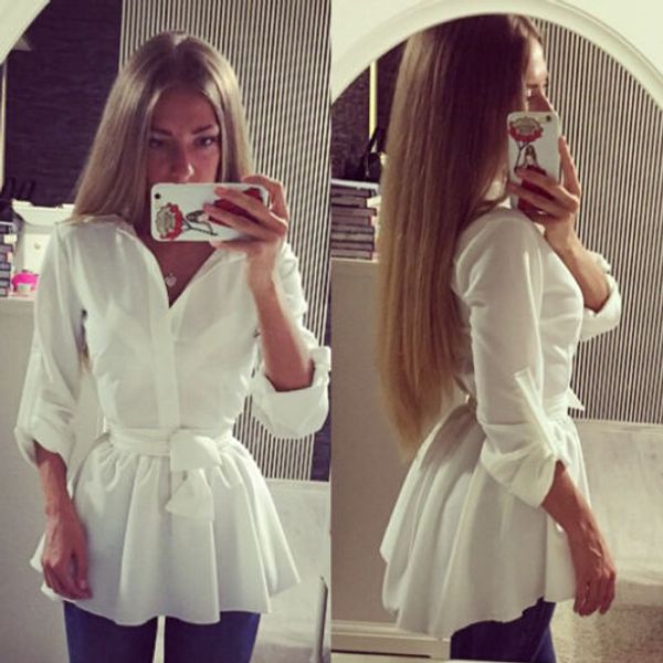 

shirts blouse with belt new women lady clothing spring summer white brief long sleeve button down