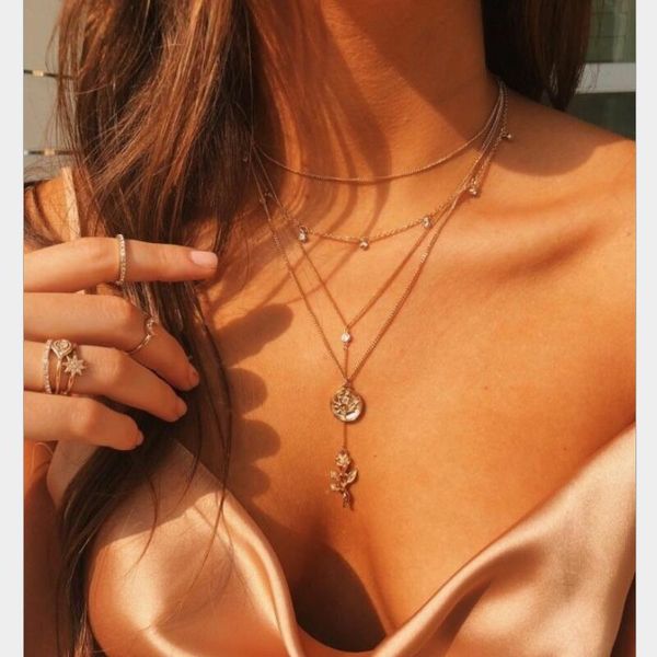 

fashion new gold color rose pendant necklace for women fashion multi-layer chain charm necklaces wholesale jewelry gifts, Silver