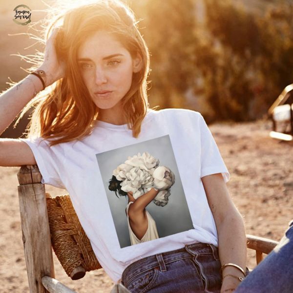 

100% cotton aesthetic t-shirt flower printing harajuku short-sleeved & tees fashion casual women's large size tshirt, White