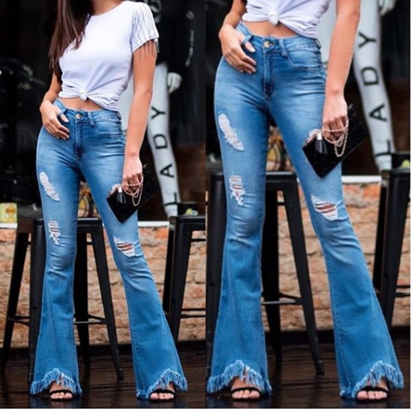 

2020 jeans broken hole jeans for women with high waist pants for women plus up large straight-leg woman streetwear, Blue