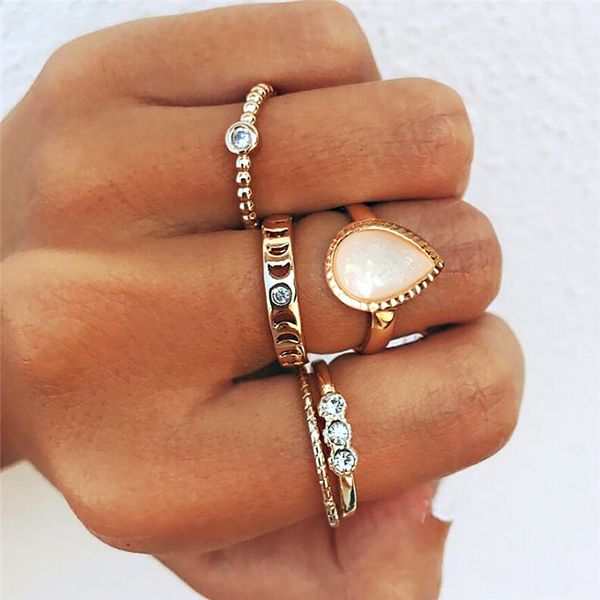 

modyle 4pcs/set vintage gold color opal stone finger midi knuckle rings set for women bohemia jewelry, Slivery;golden