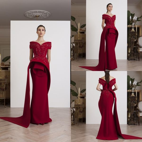 

azzi osta 2019 темно-красный русалка вечернее платье с плеча дизайнер бисер аппликация пром платья длиной до пола длинное вечернее платье, Black;red