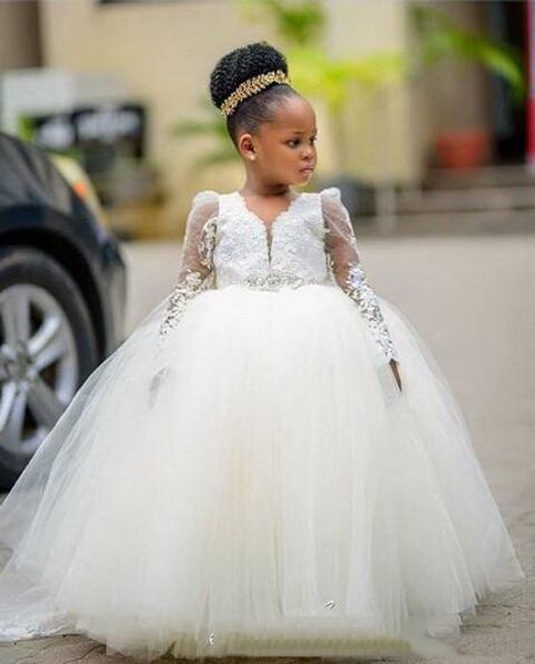 Acheter Blanc Tulle Robe De Bal Fleur De Fille De Mariage Pour La Robe De Mariage à Manches Longues Petite Fille Pageant Avec Perles Princesse