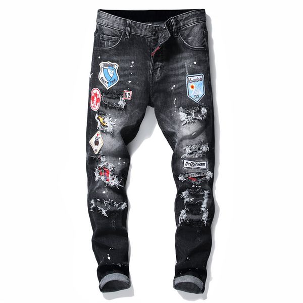 

dcq autumn holes true jeans male self-cultivation elastic force badge patch beggar pants men's wear youth bound feet pants rock revival, Blue