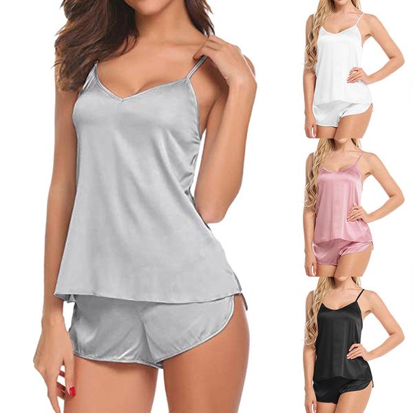 

vertvie women pajamas set soild simulation silk thin pajamas set v-neck camisole sleeveless and shorts female, Blue;gray
