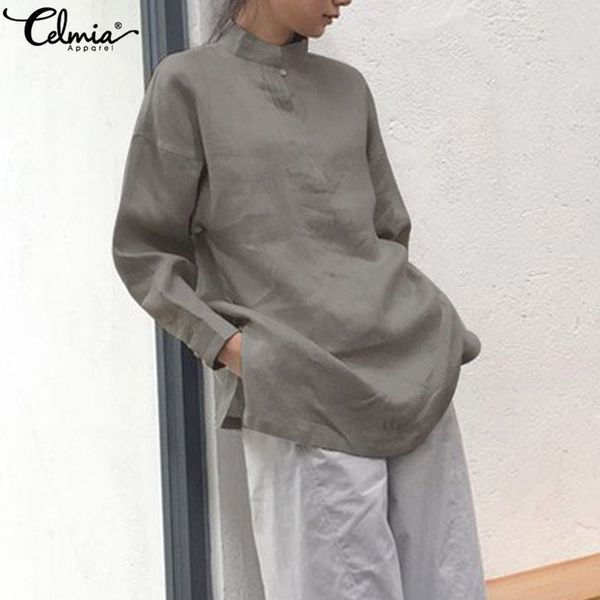 

plus size 2019 celmia women retro blouses female stand collar long sleeve casual solid shirts vintage loose blusas mujer, White