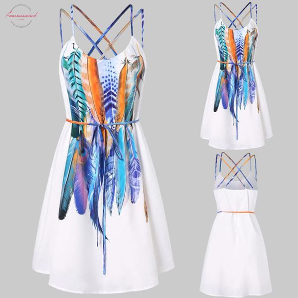 

dress casual printed feathers pattern dress cami strap loose sashes summer fashion mini dress jul20, Black;gray