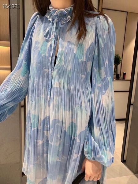 

лето печати градиент свободные платья для женщин стенд воротник длинные рукава высокая талия плиссированные мини-синие платья женская мода 2, Black