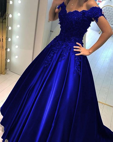 

Королевский синий бальное платье дешевые платье выпускного вечера с плеча кружева 3D цветы бисером корсет обратно атласные вечерние вечерние платья Платья новые
