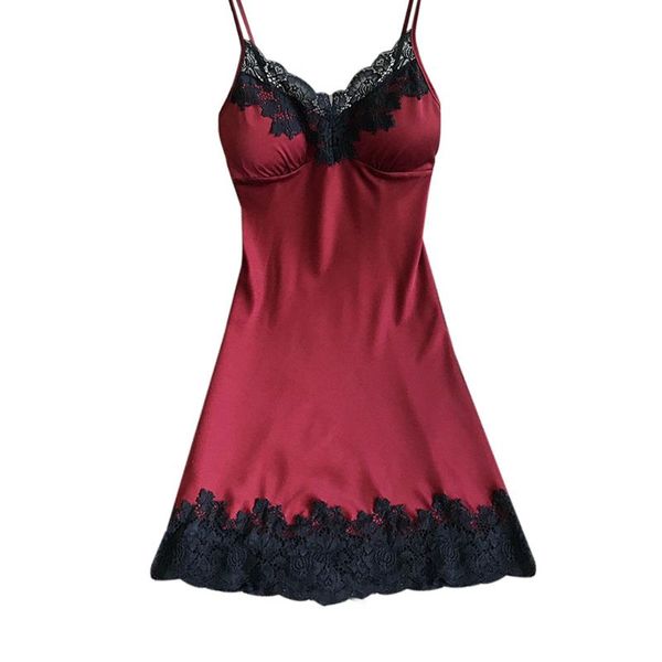 

sleepshirts sleep lounge satin sleepwear women ladies nightwear nightdress women lingerie with chest pad, Black;red