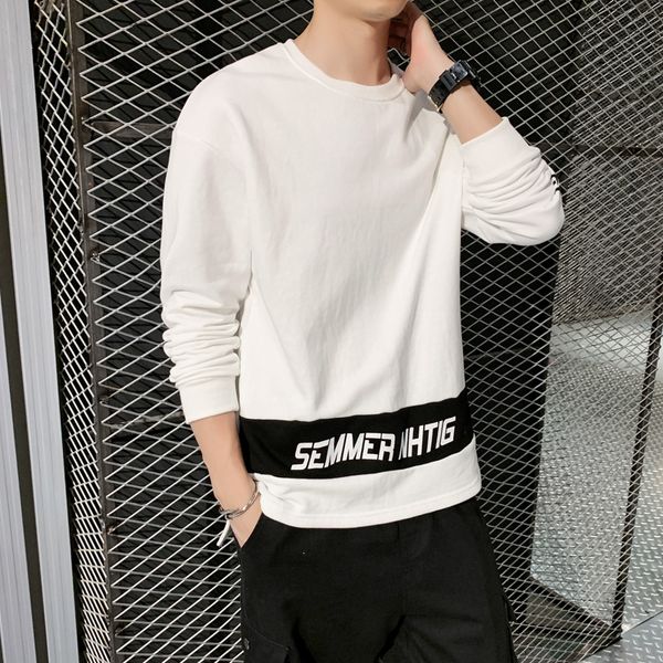 

2019 new men's autumn round neck coat stitching loose micro fat long-sleeved coat men's split bottom shirt, Black