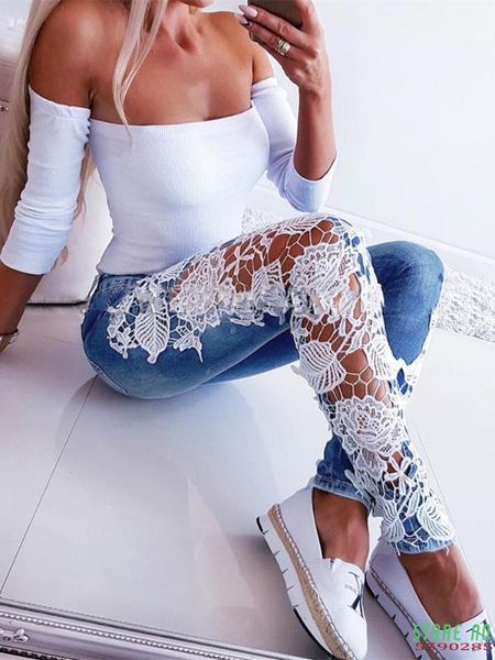

plus size 3xl lace floral crochet hollow-out jeans autumn women elegant denim pencil skinny jeans, Blue