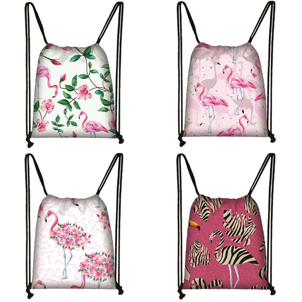 

сумки мультфильм фламинго печати drawstring сумка женщин дорожная сумка подростковая школа браун девочка и мальчик рюкзак мода хранения m574