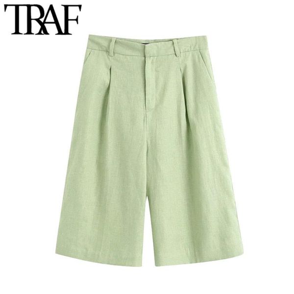 

women's shorts traf women chic fashion side pockets linen vintage high waist zipper female short pants pantalones cortos, White;black