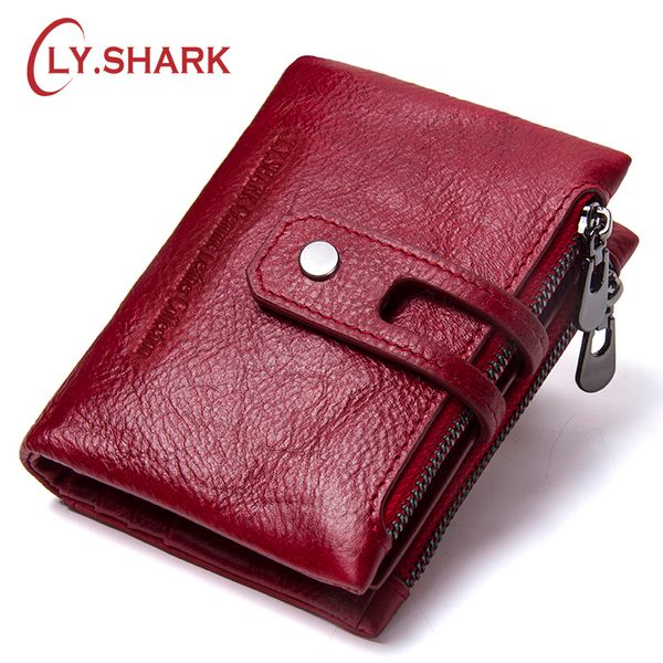 

ly.shark small wallet female wallet women genuine leather purse holder coin purse lady zipper walet money bag, Red;black