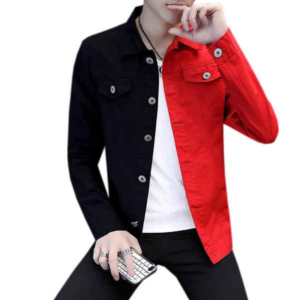 

#7416 casual slim denim jacket for men 2019 white and white red jeans jacket homme letters embroided streetwear denim coat man, Black;brown