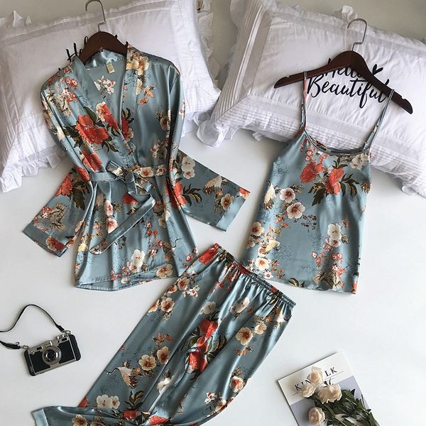 

new 3 pieces pyjama set 2019 women spring summer silk pajamas sets satin sleep suit cute nightwear home clothes sleepwear, Black;red
