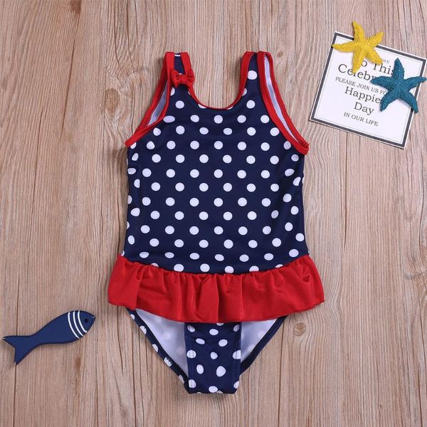 

girl beach bathing suit summer cute sleeveless polka dot print ruffle one-piece swimsuit style fashion children swimwear #5.13