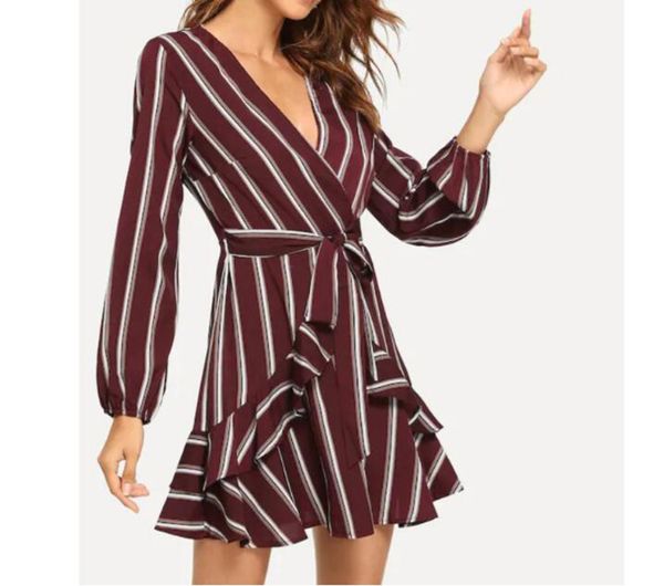 

european and american style women's new deep v-neck with sashes long-sleeved wave stripe dress female autumn, Black;gray