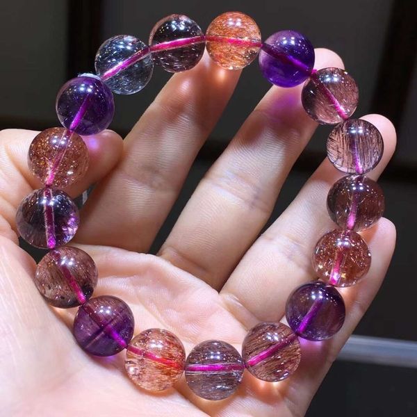 

12.1mm natural colorful purple super 7 melody stone genuine crystal bracelets for women gift stretch round beads bracelet, Golden;silver