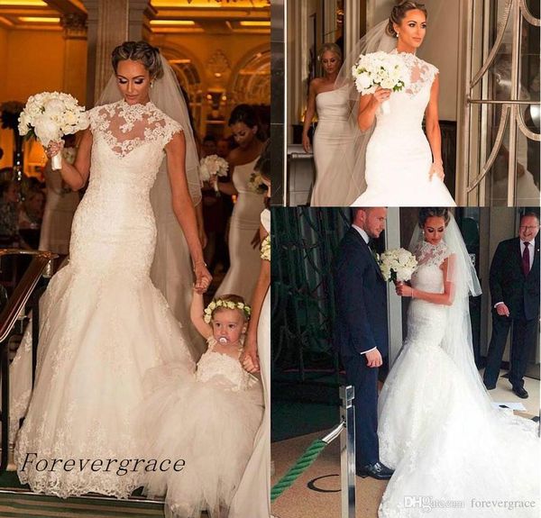

2019 vintage high neck lace mermaid wedding dress country style cap sleeves formal bridal gown plus size custom made, White