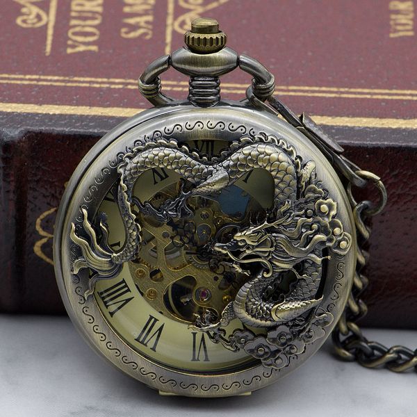 

vintage bronze pocket watch skeleton mechanical fob watch roman number watches for men women, Slivery;golden