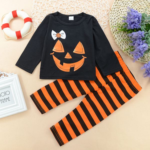 

toddler baby kids girl halloween outfits pumpkin printing long sleeve black + striped pants winter clothes set, White