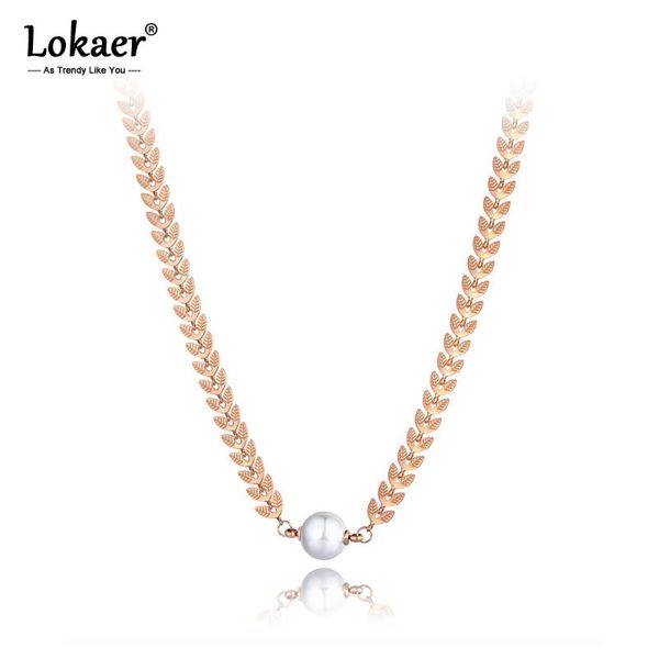 

lokaer original design stainless steel white pearl choker necklaces for women girl bohemia leaflet charm pendant necklace n20098, Golden;silver