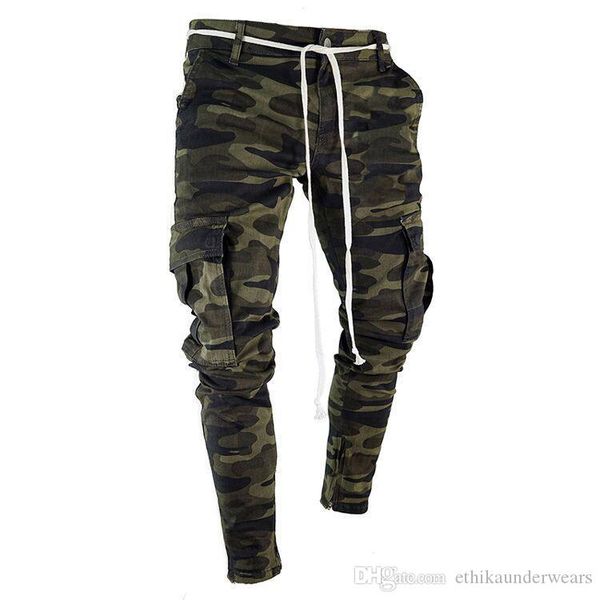 

mens camouflage pencil designer jeans fashion big pockets striped zipper design slim jean pants, Blue