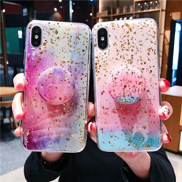 

epoxy starry sky phone cases gold foil soft back cover protector with phone holder for iphone 11 pro max x xr xs max 7 7plus 8 8plus 6s plus